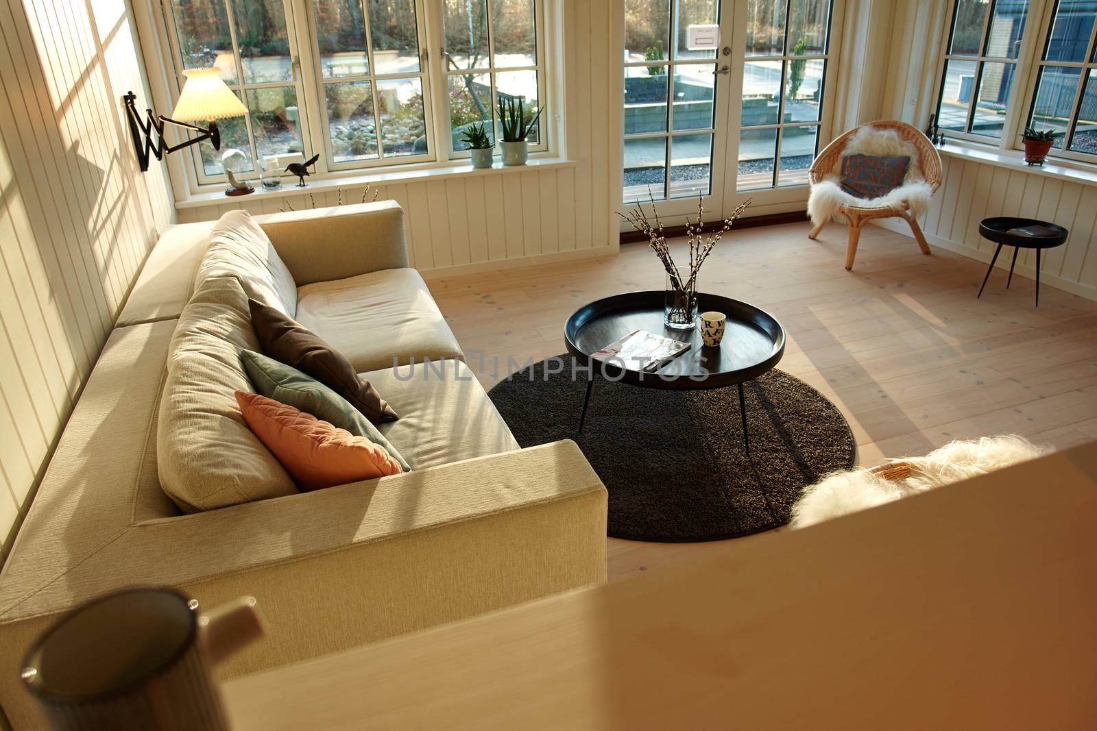 Modern Danish Scandinavian style design living room interior                               