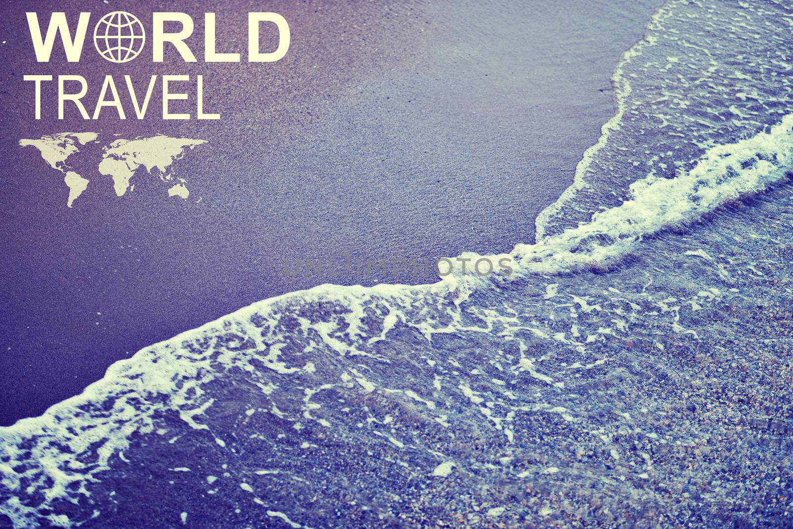 Sea wave on shore, close-up view. Inscription World Travel, related symbol and small image of Earth continents