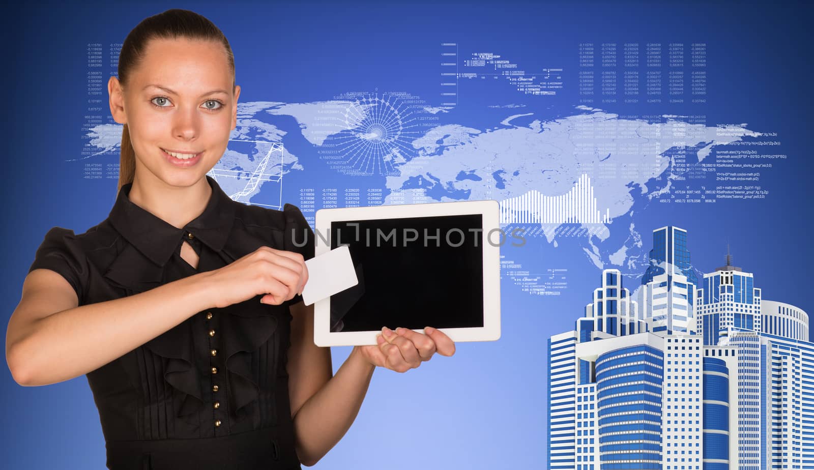 Beautiful businesswoman holding blank tablet PC and blank business card in front of PC screen. Skyscrapers, world map, hi-tech graphs with various data as backdrop