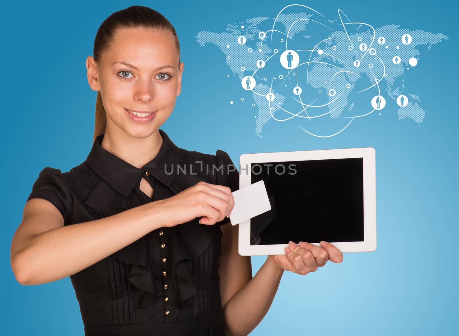 Beautiful businesswoman holding tablet PC. Network with people icons and world map as backdrop by cherezoff