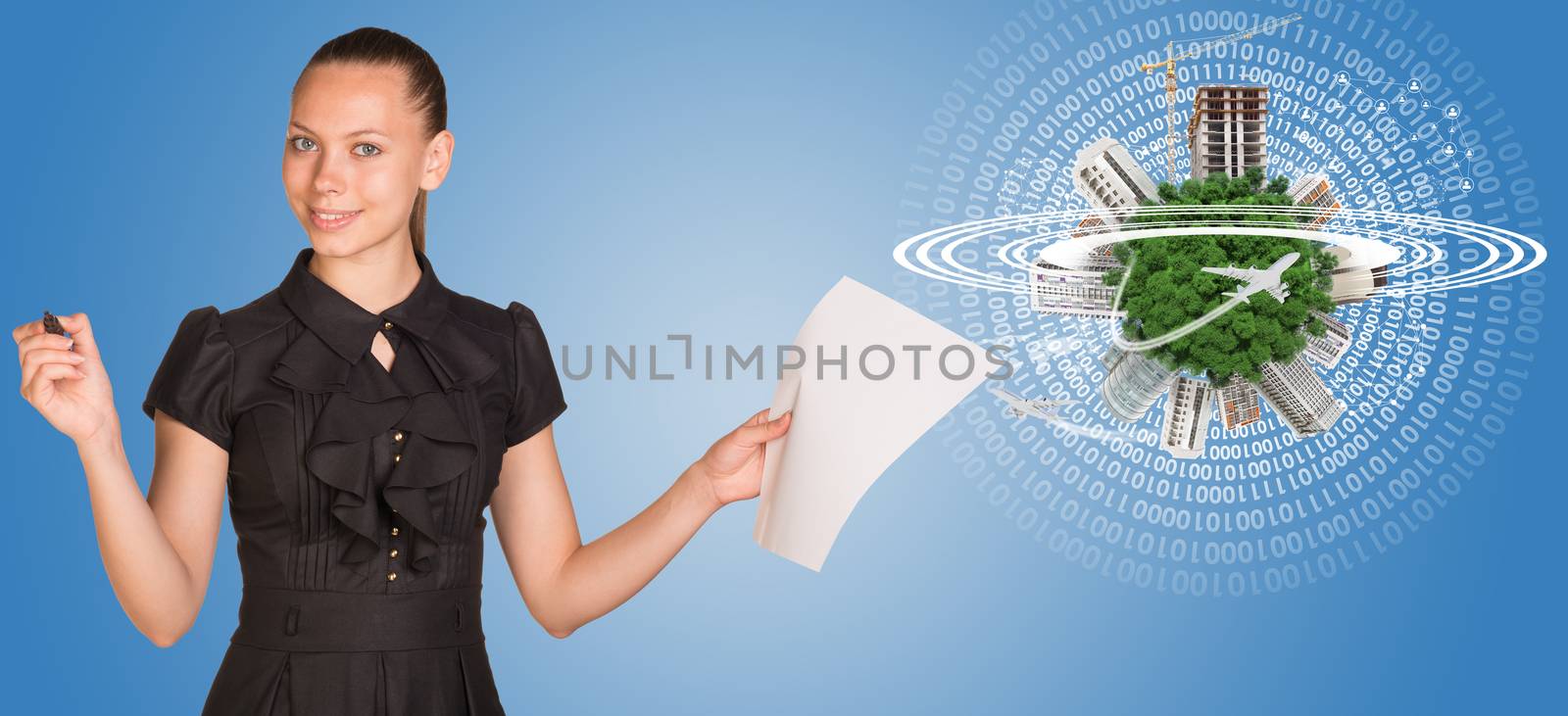 Beautiful businesswoman holding blank paper sheet and felt pen ready to use.  Beside is miniature Earth with trees, industrial and residential buildings, airplane and surrounded by rings., part of them composed of digits