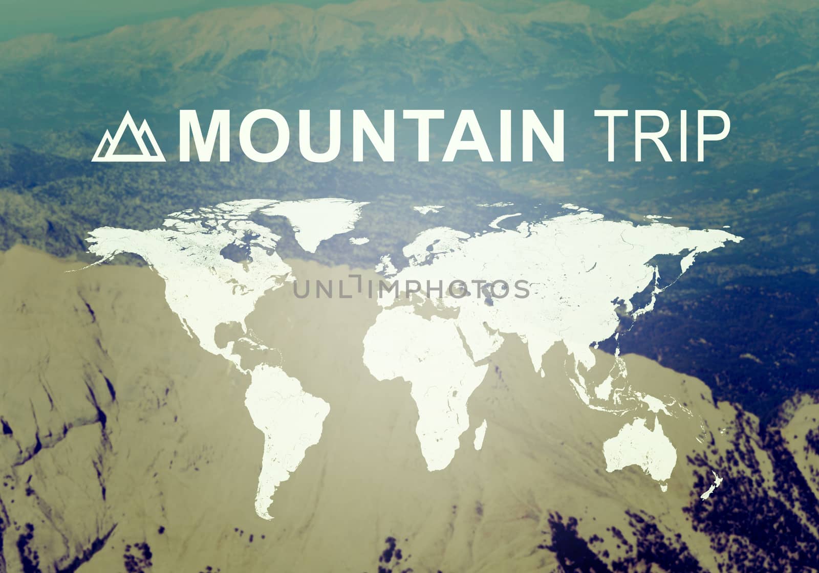 Contoured map of world continents with inscription Mountain Trip. Aerial view of  mountainous desert terrain as backdrop