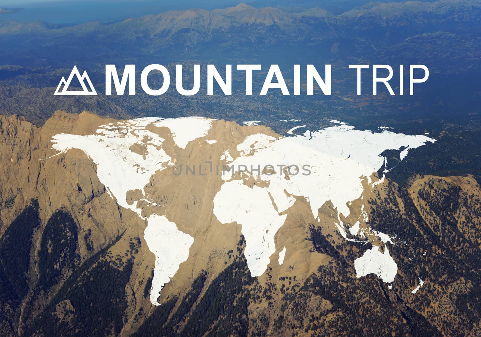 Contoured map of world continents with inscription Mountain Trip. Aerial view of  mountainous desert terrain as backdrop