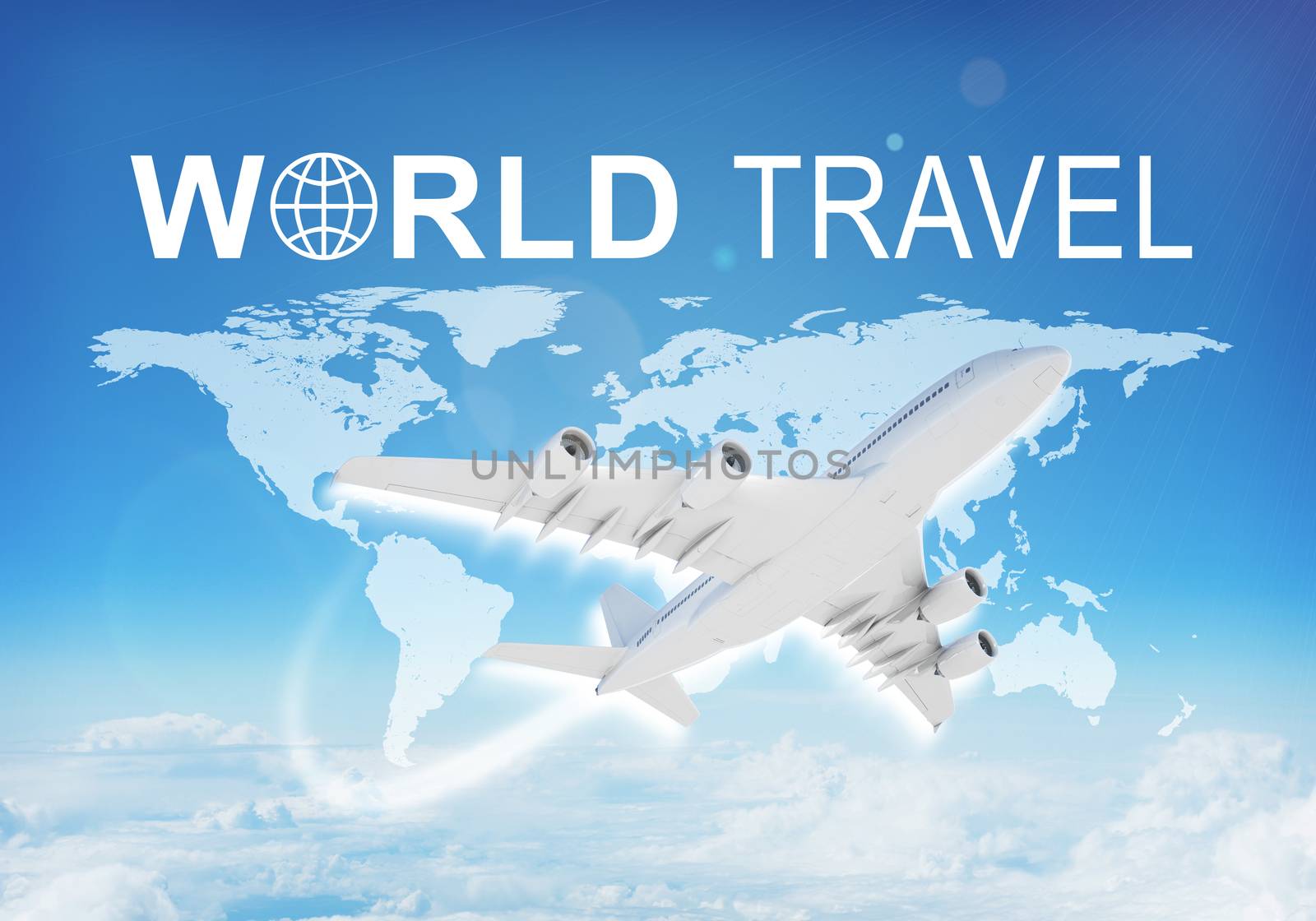 Contoured map of world continents with inscription World Travel and related symbol. Flying jet airliner on foreground, Earth surface, clouds and sky as backdrop.