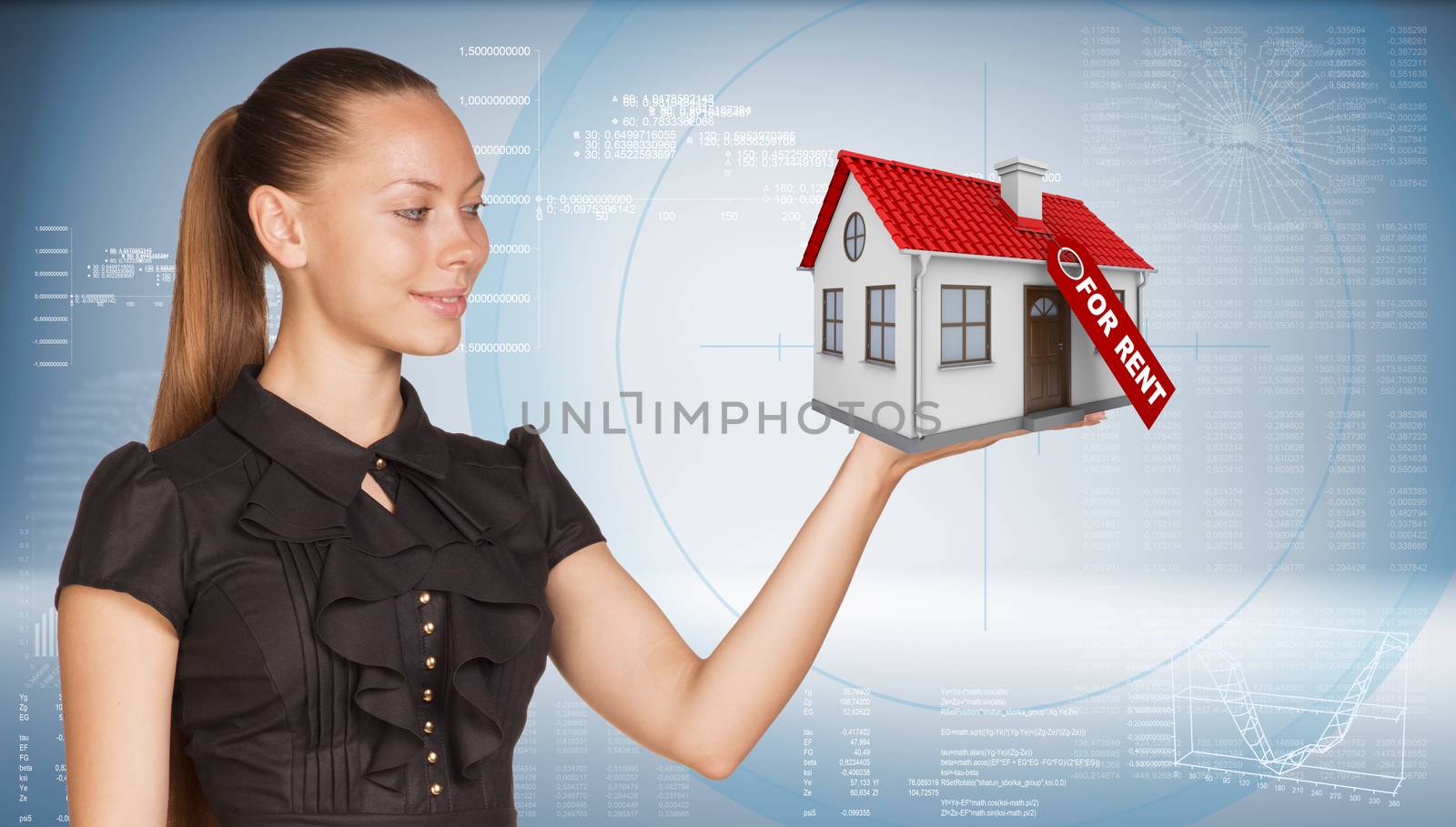 Businesswoman holding model house with tag for rent. Hi-tech graphs with various data as backdrop. Business concept