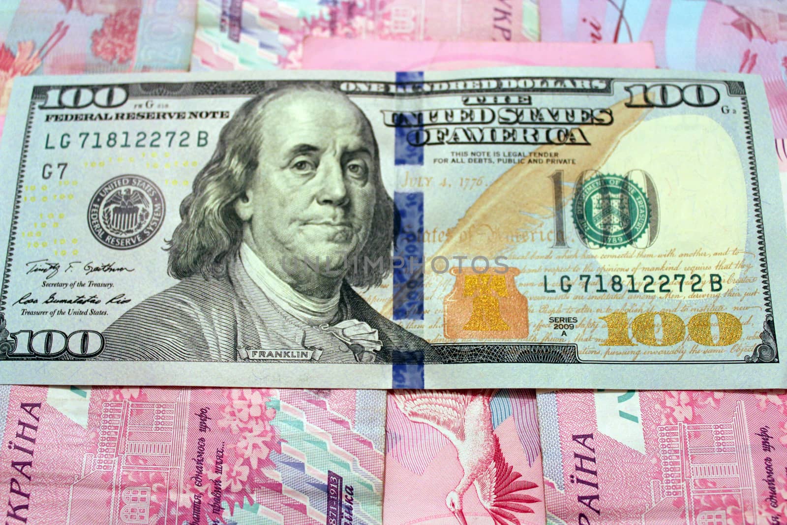 a hundred American dollars on the grivnas banknotes' background