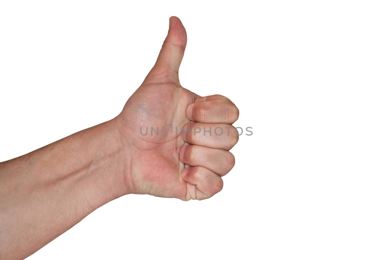 Isolated hand with thumb up on the white background.