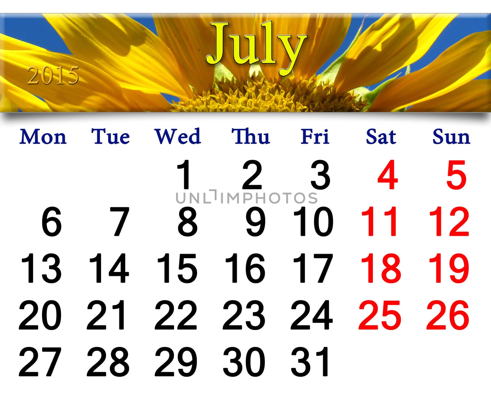 office calendar for 2015 year with big yellow sunflower