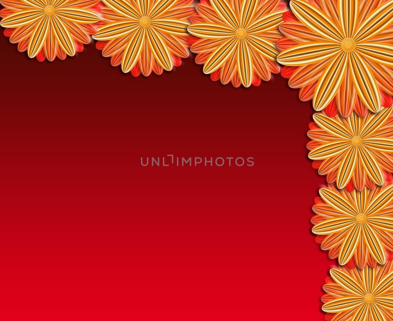 floral stylish ornament from red in upper right angle. Trendy red card. Greeting card for wedding, birthday and life events on the red background. Place for text.