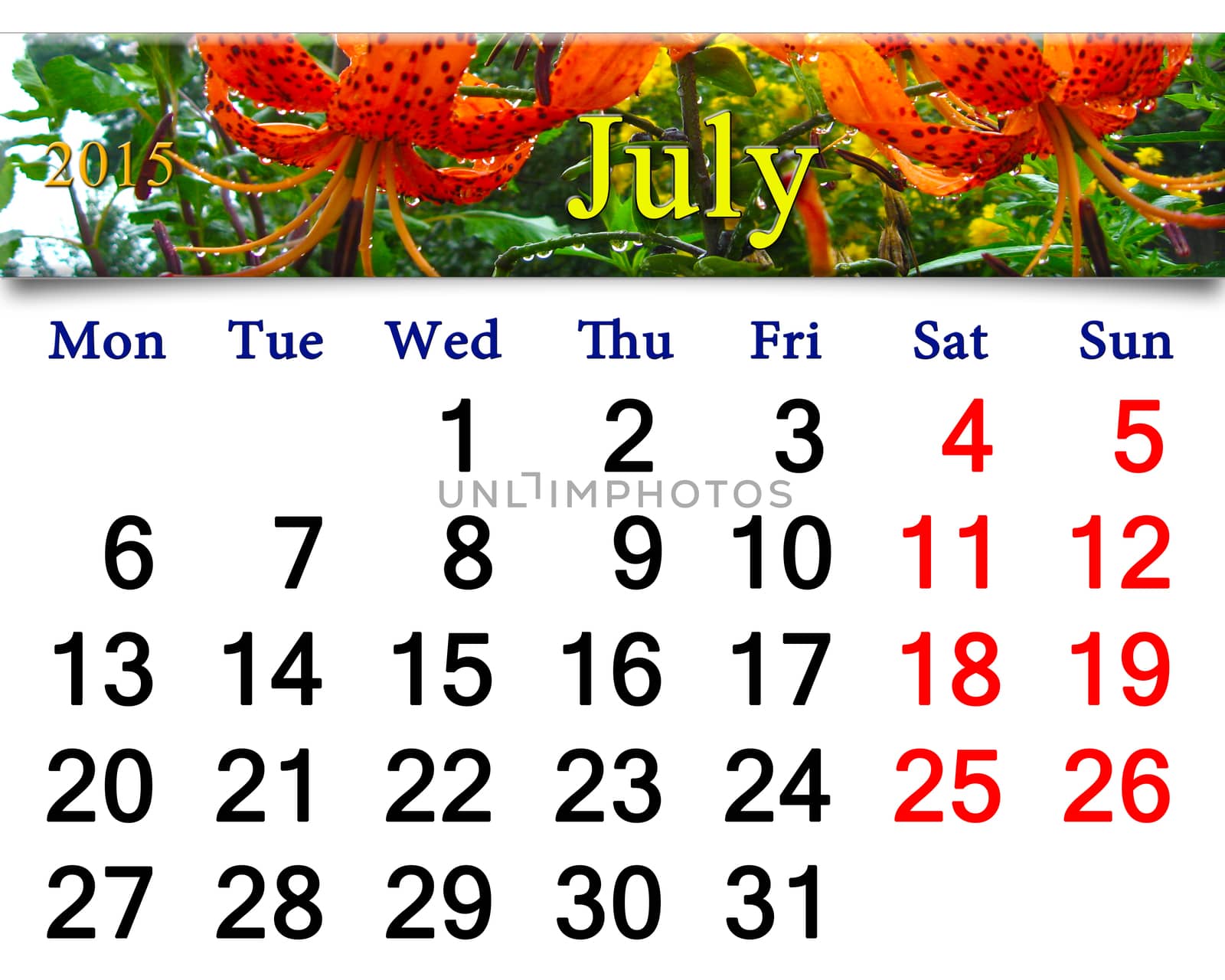 calendar for July of 2015 on the red lilies by alexmak