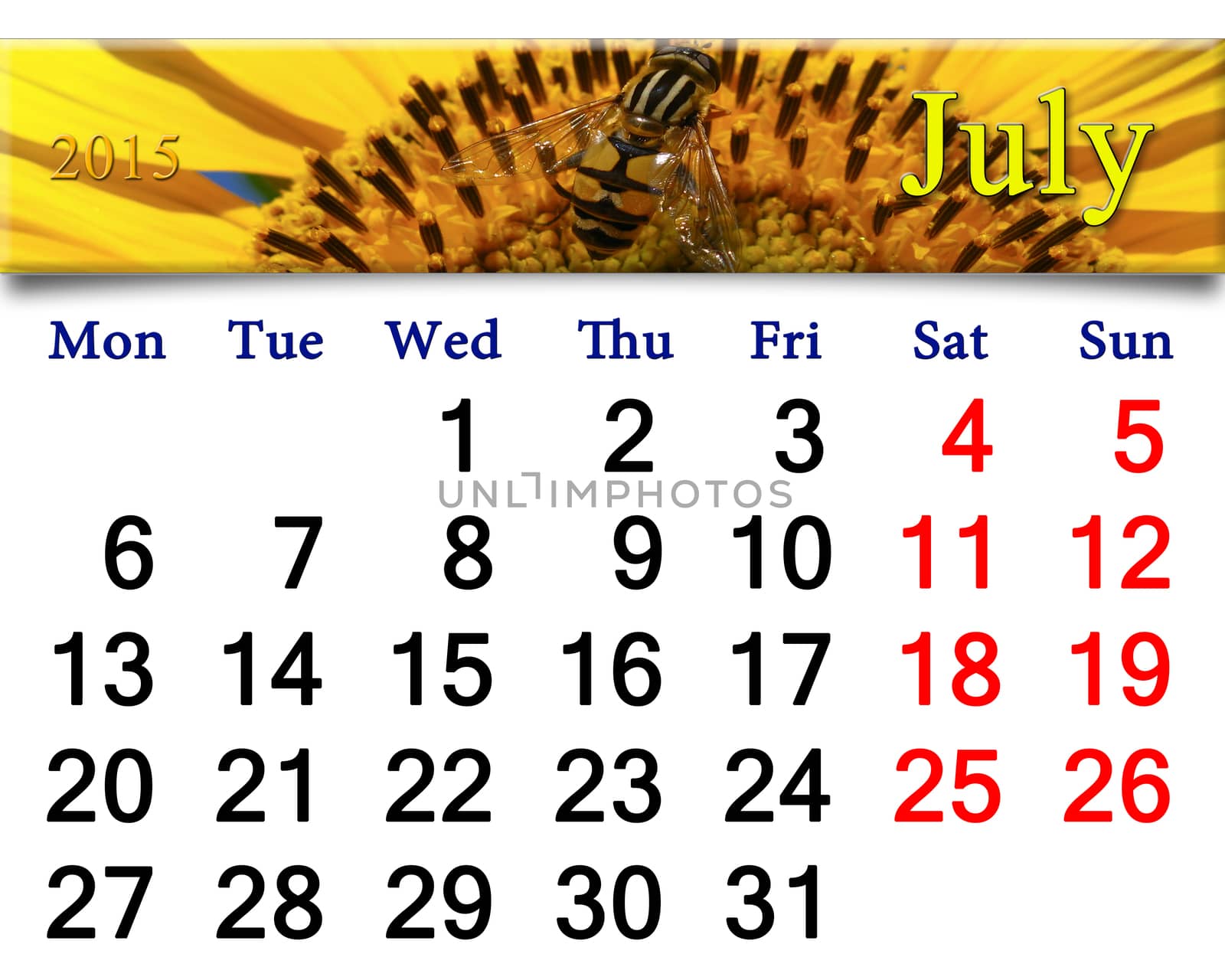 calendar for July of 2015 with fragment of yellow fly on the sunflower