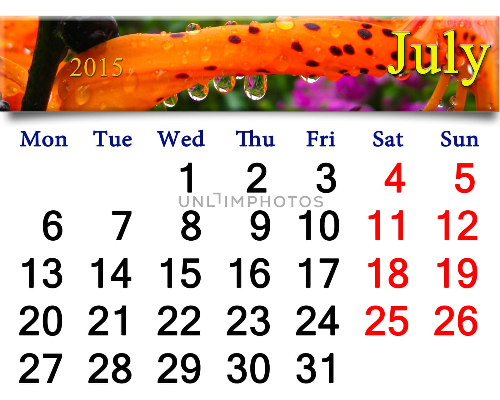 calendar for July of 2015 with drops of water by alexmak