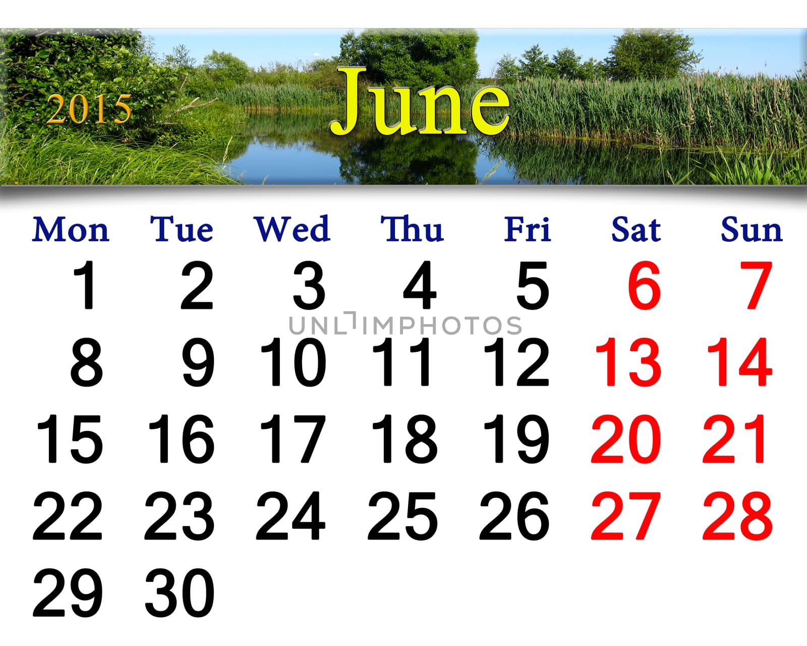 calendar for June of 2015 year on the background of forest lake