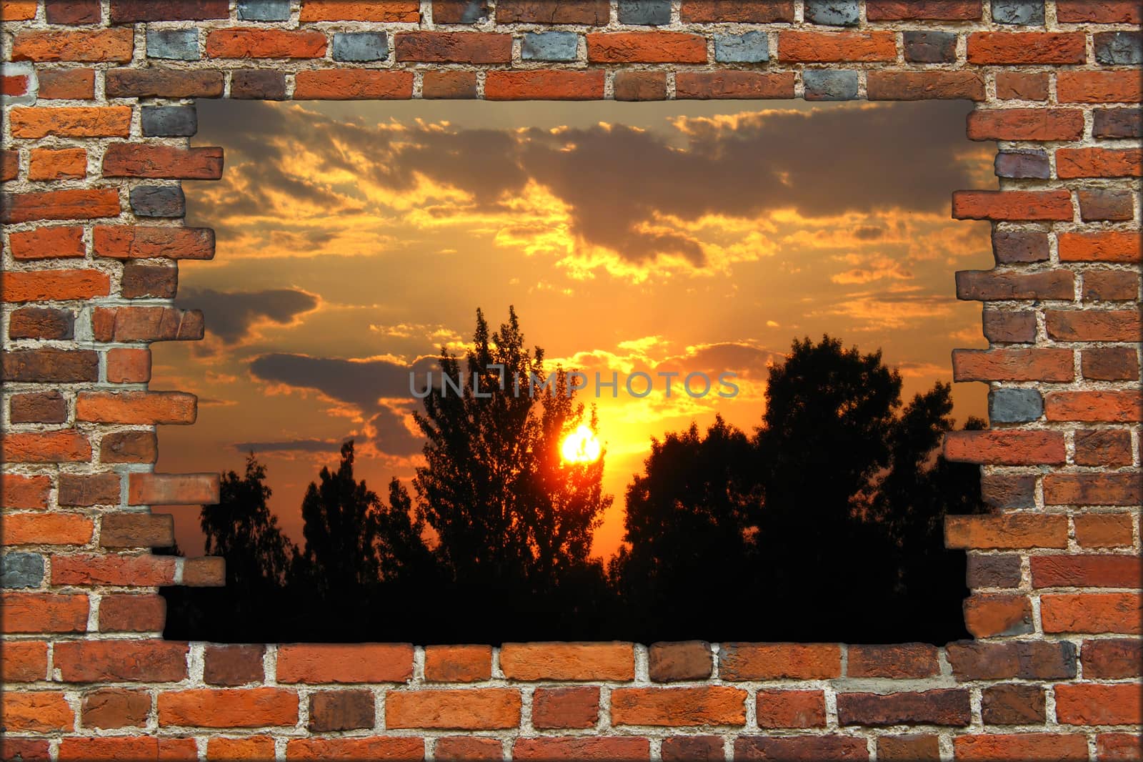 broken brick wall and view to the sunset by alexmak