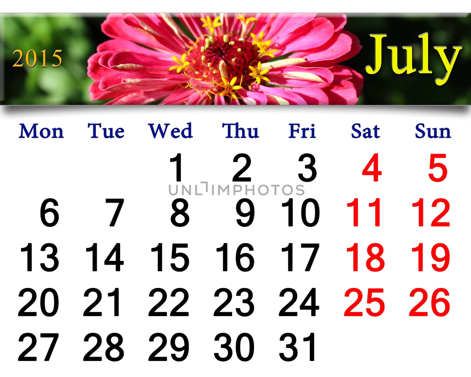 calendar for July of 2015 year with red zinnia by alexmak