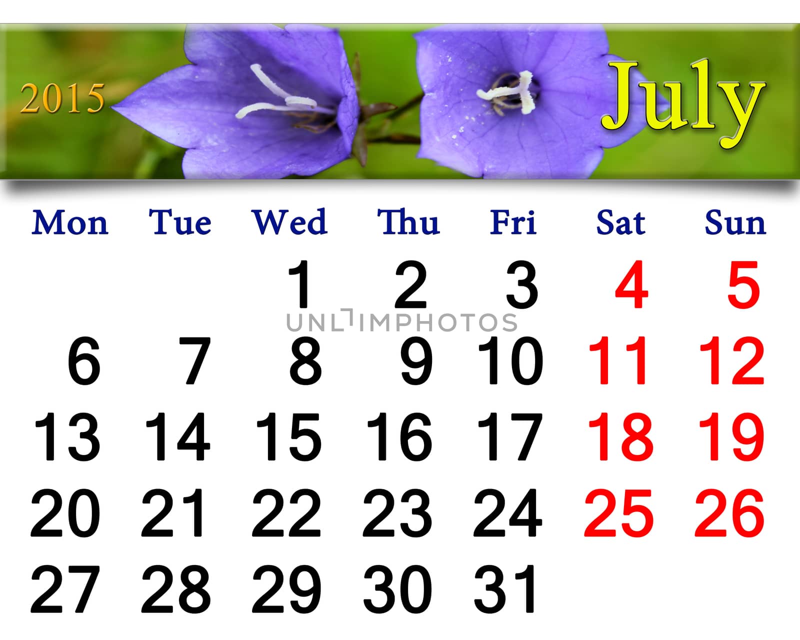 calendar for July of 2015 year with blue flowers of campanula