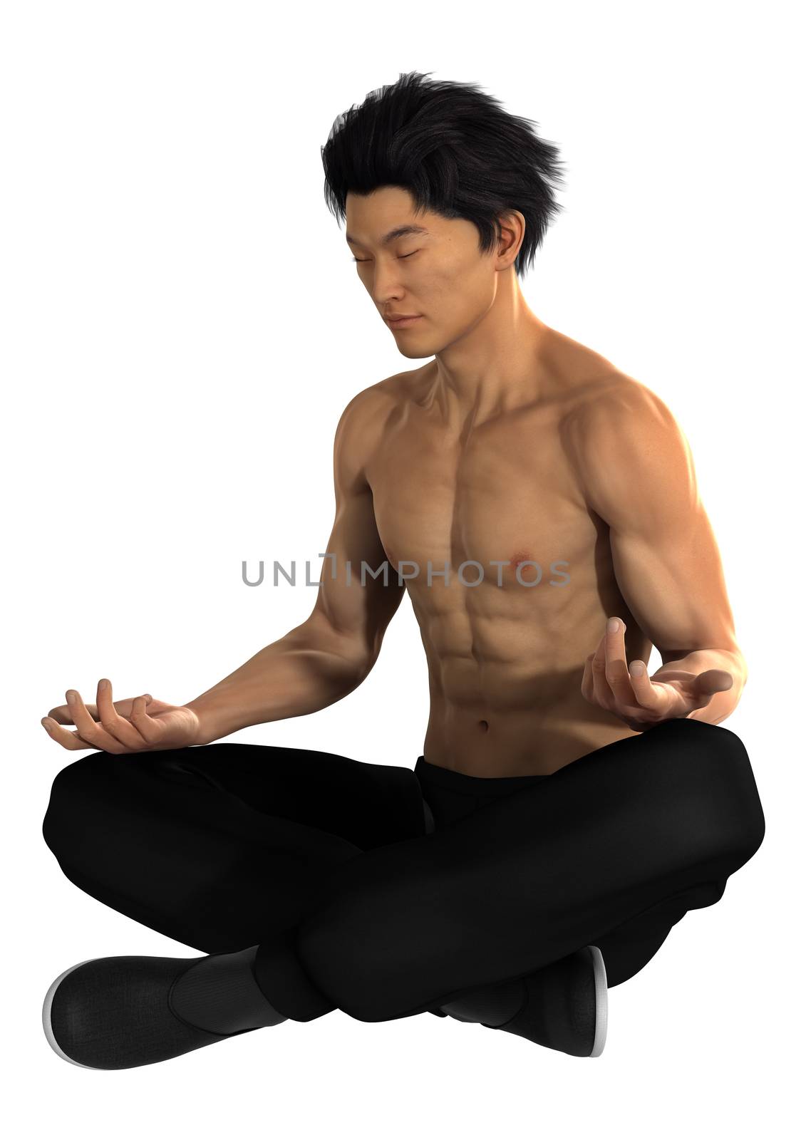 3D digital render of a young Asian man exercising yoga isolated on white background