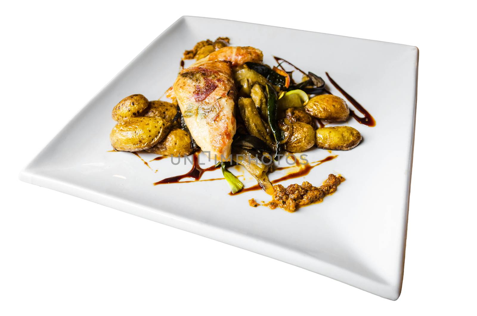 Chicken saltimbocca with sage vegetables and potatoes.