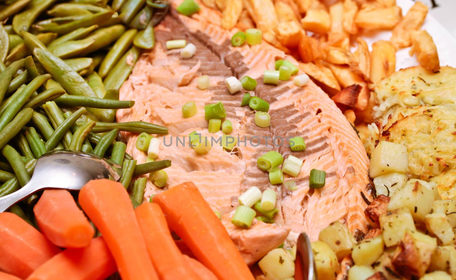 Plate of salmon and vegetables for sharing