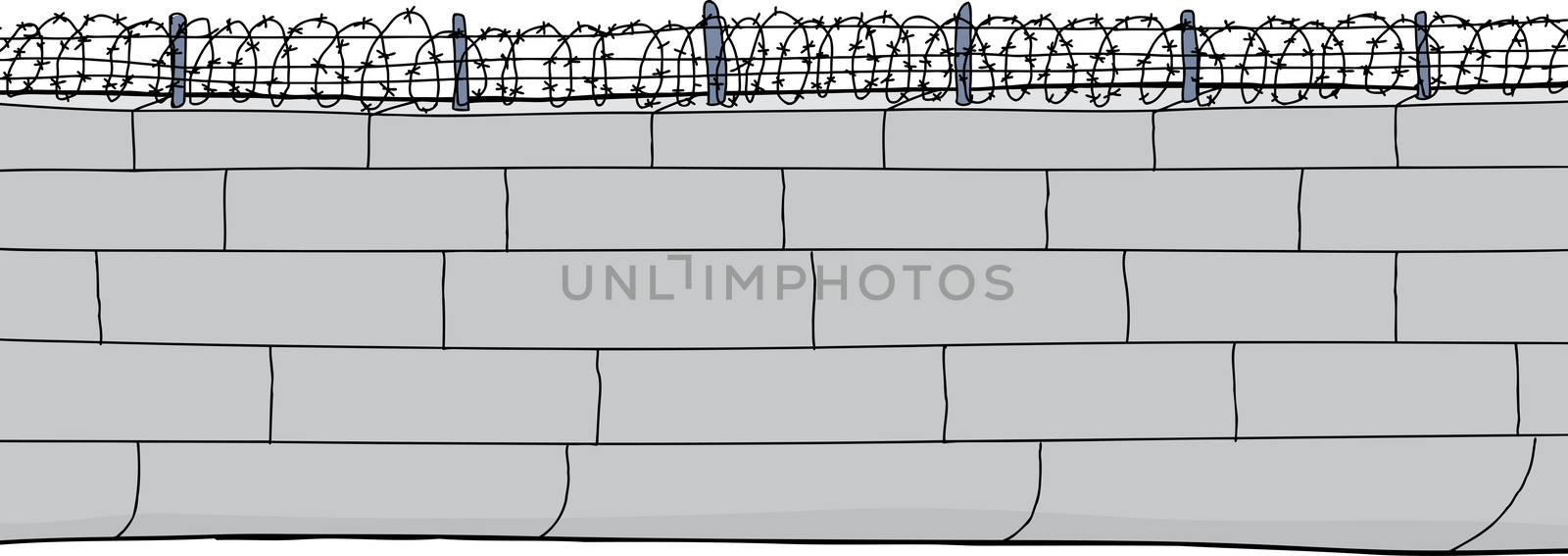 Isolated cartoon of concrete block wall with barbed wire