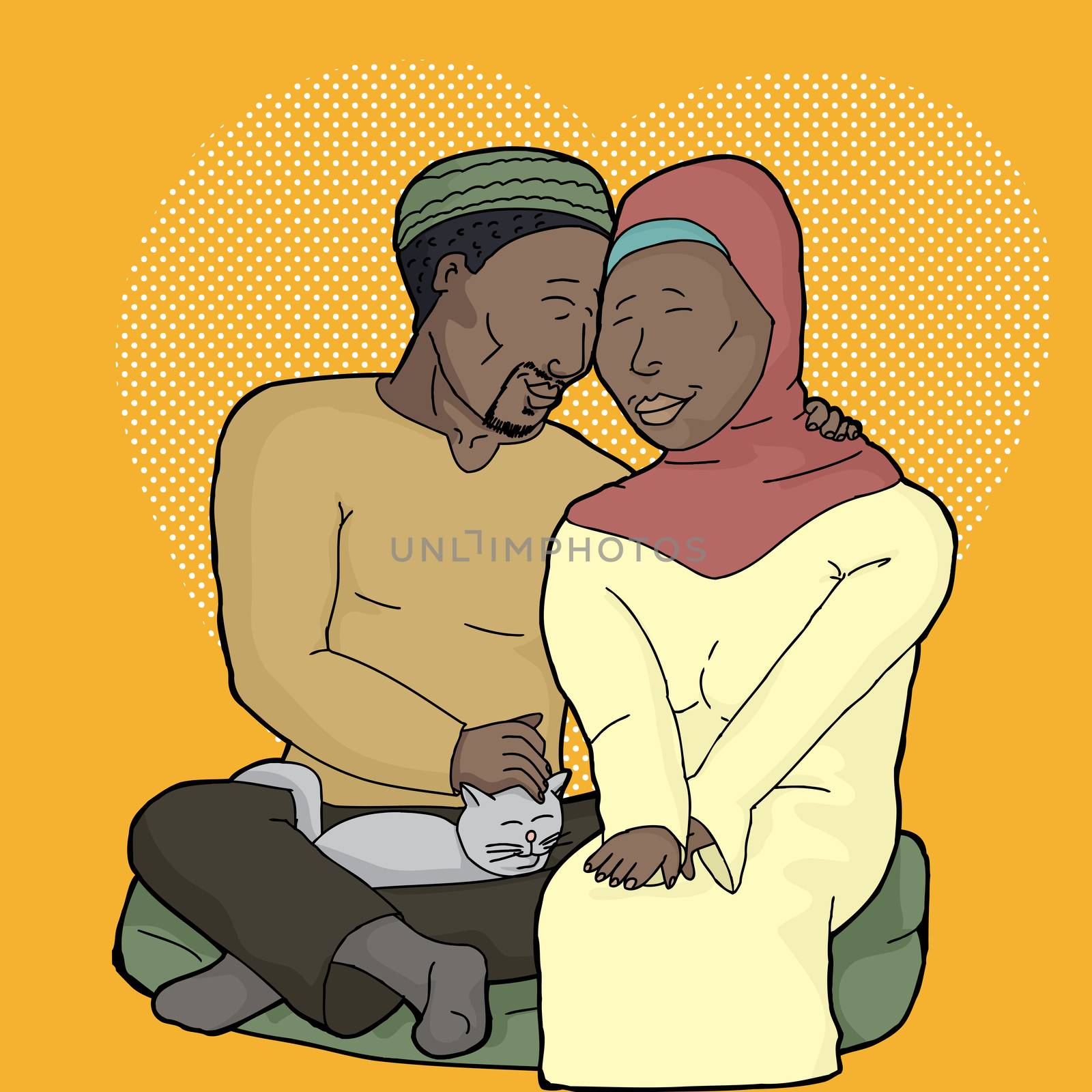 Attractive Muslim man and woman with pet cat