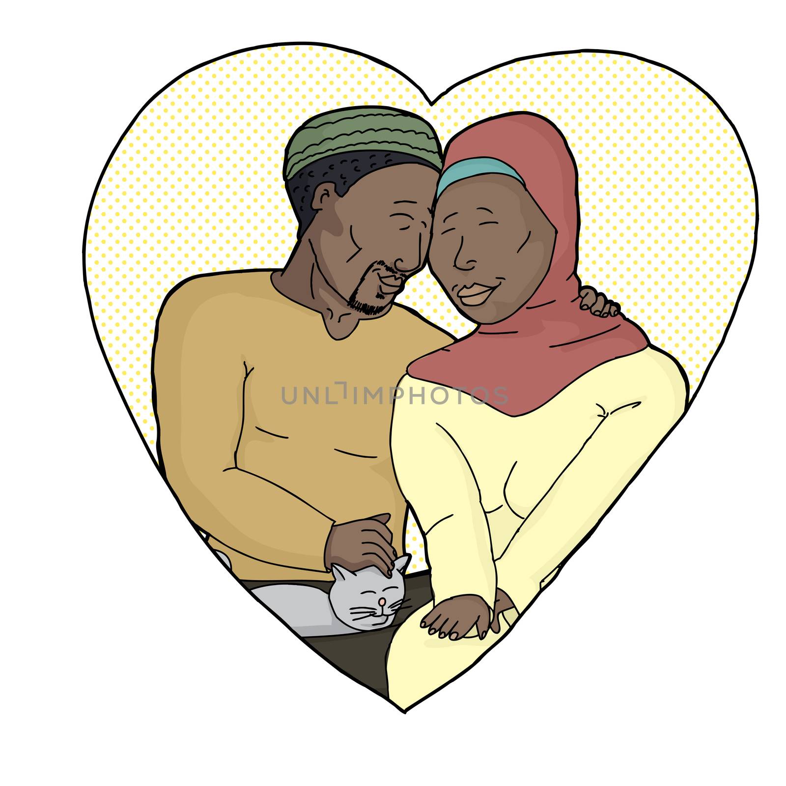 Happy bearded man with woman in hijab petting a cat