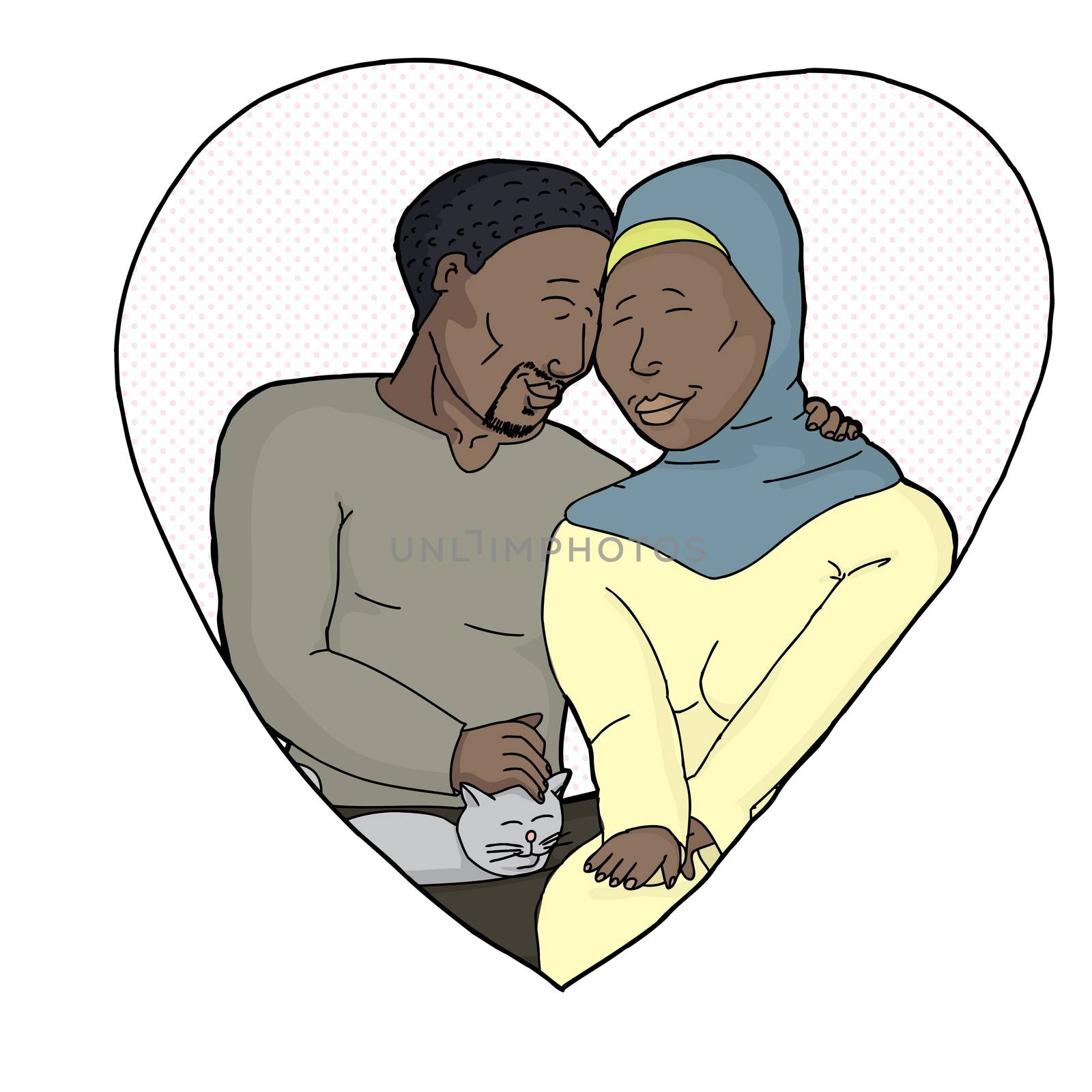 Isolated heart with loving Muslim couple and cat