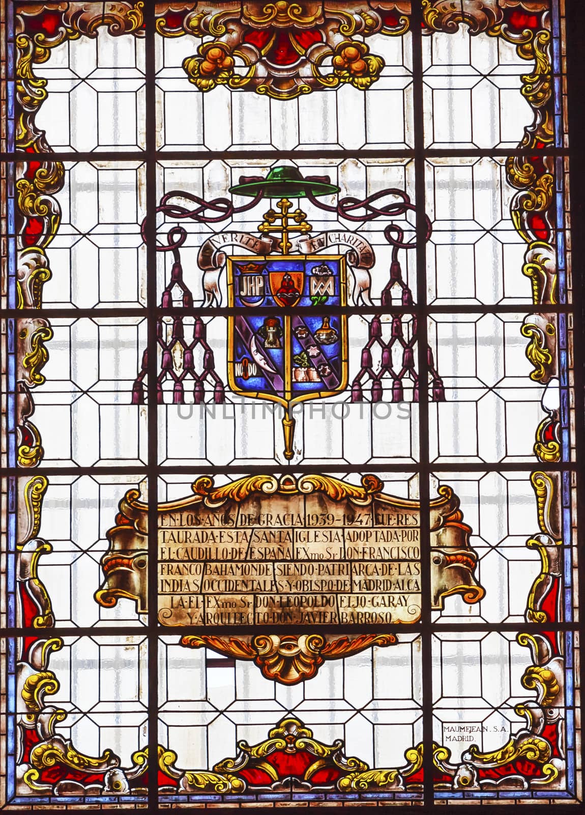 Stained Glass Coat of Arms Basilica Santa Iglesia Collegiata de San Isidro Madrid Spain. Named after Patron Saint of Madrid, Saint Isidore, Church was created in 1651