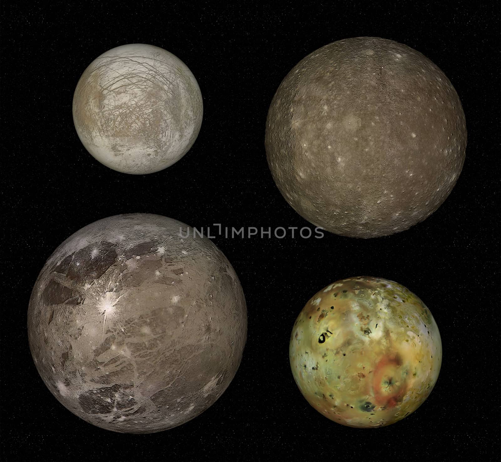Jupiter and four biggest moons: Io, Europa, Callisto and Ganymede