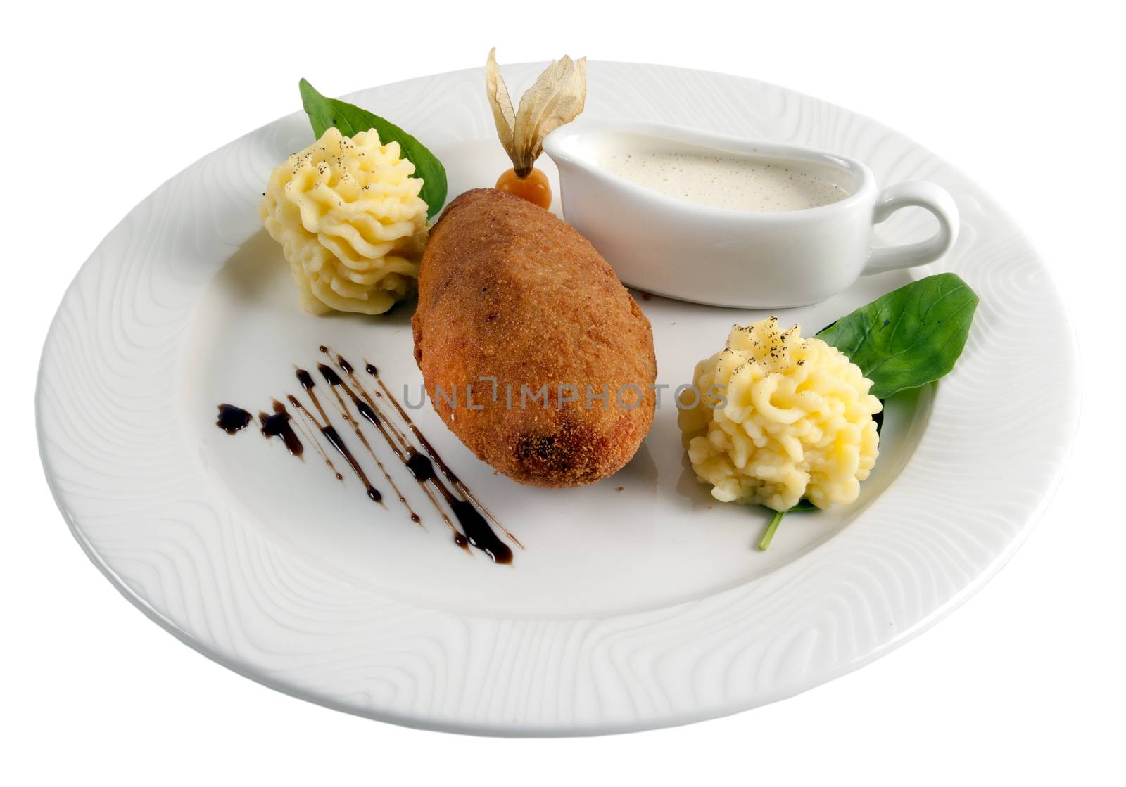 Tasty and beautiful food in a restaurant on a white background