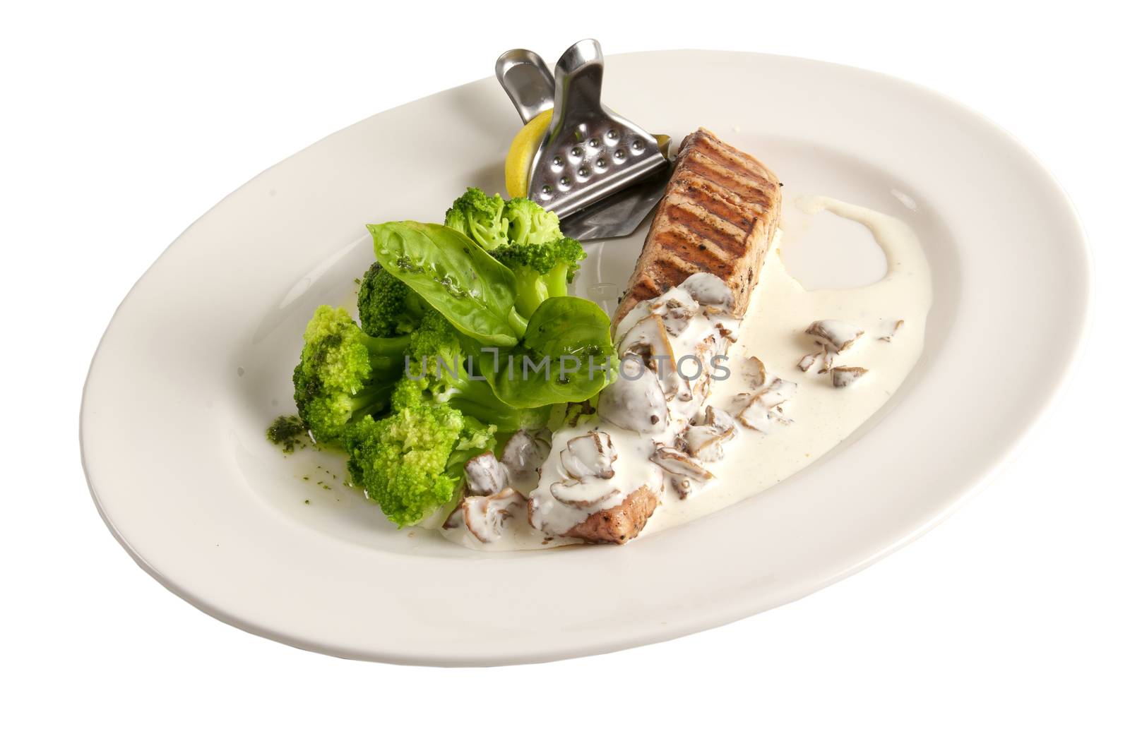 Tasty and beautiful food in a restaurant on a white background