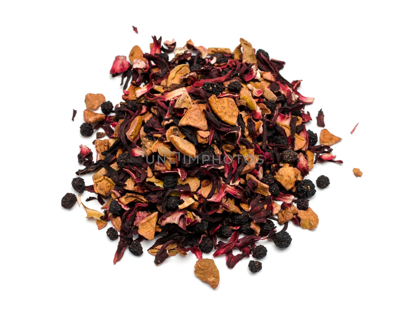 aromatic black dry tea with fruits and petals, isolated on white