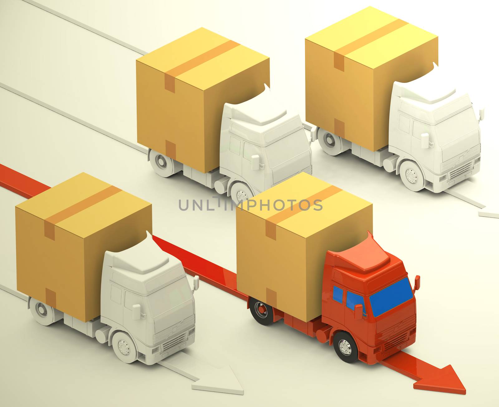 3d generated picture of some trucks with boxes