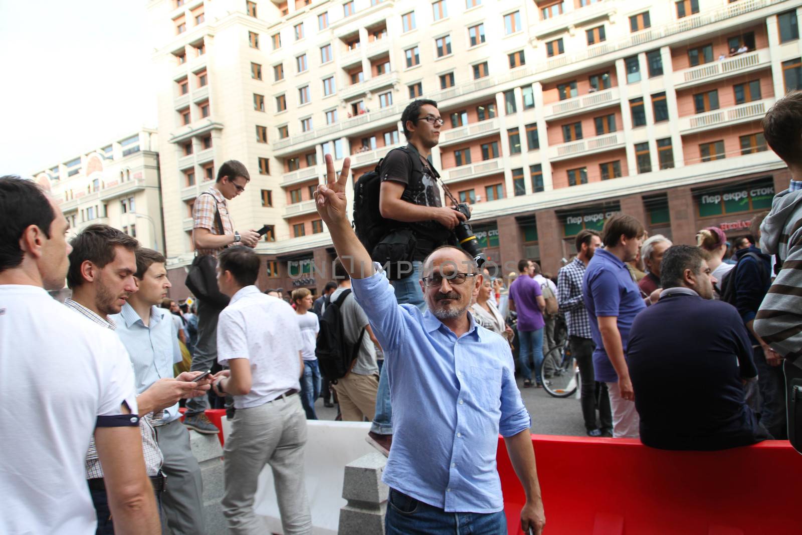 Moscow, Russia - July 18, 2013. Journalist Alexander Morozov. Thousands of Muscovites went on this day in support of arrested opposition leader Alexei Navalny