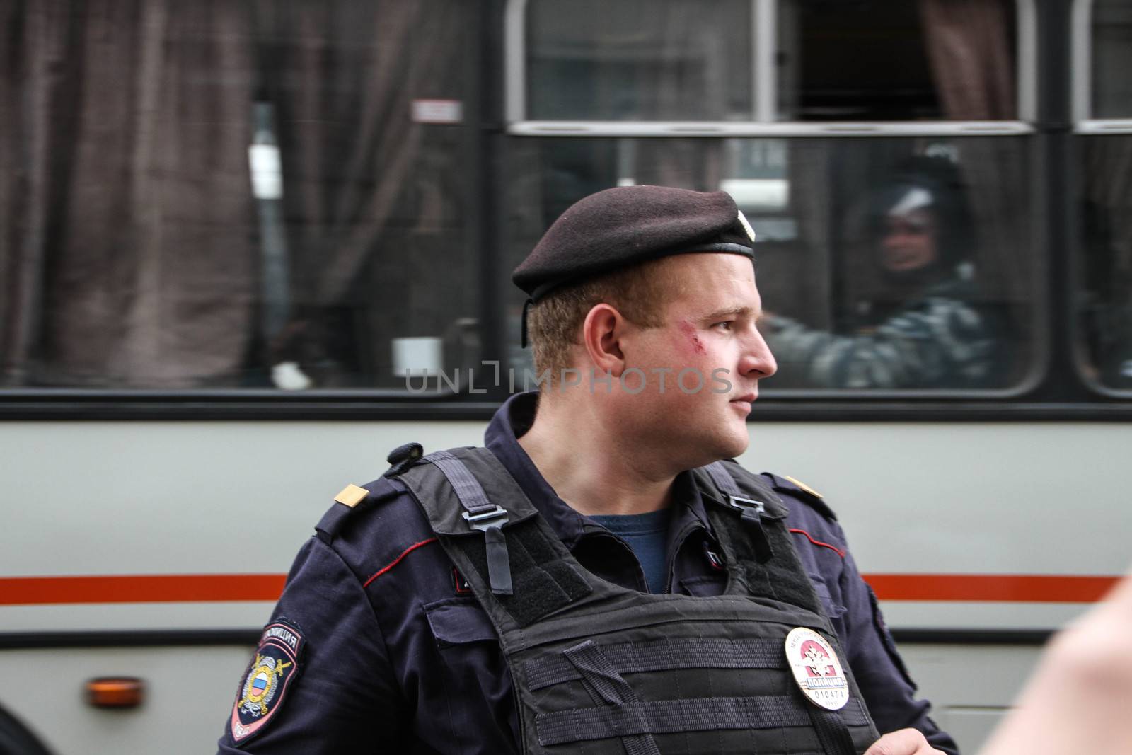 Moscow, Russia - July 18, 2013. Russian police during the opposition rally on Manezh square. Thousands of Muscovites went on this day in support of arrested opposition leader Alexei Navalny