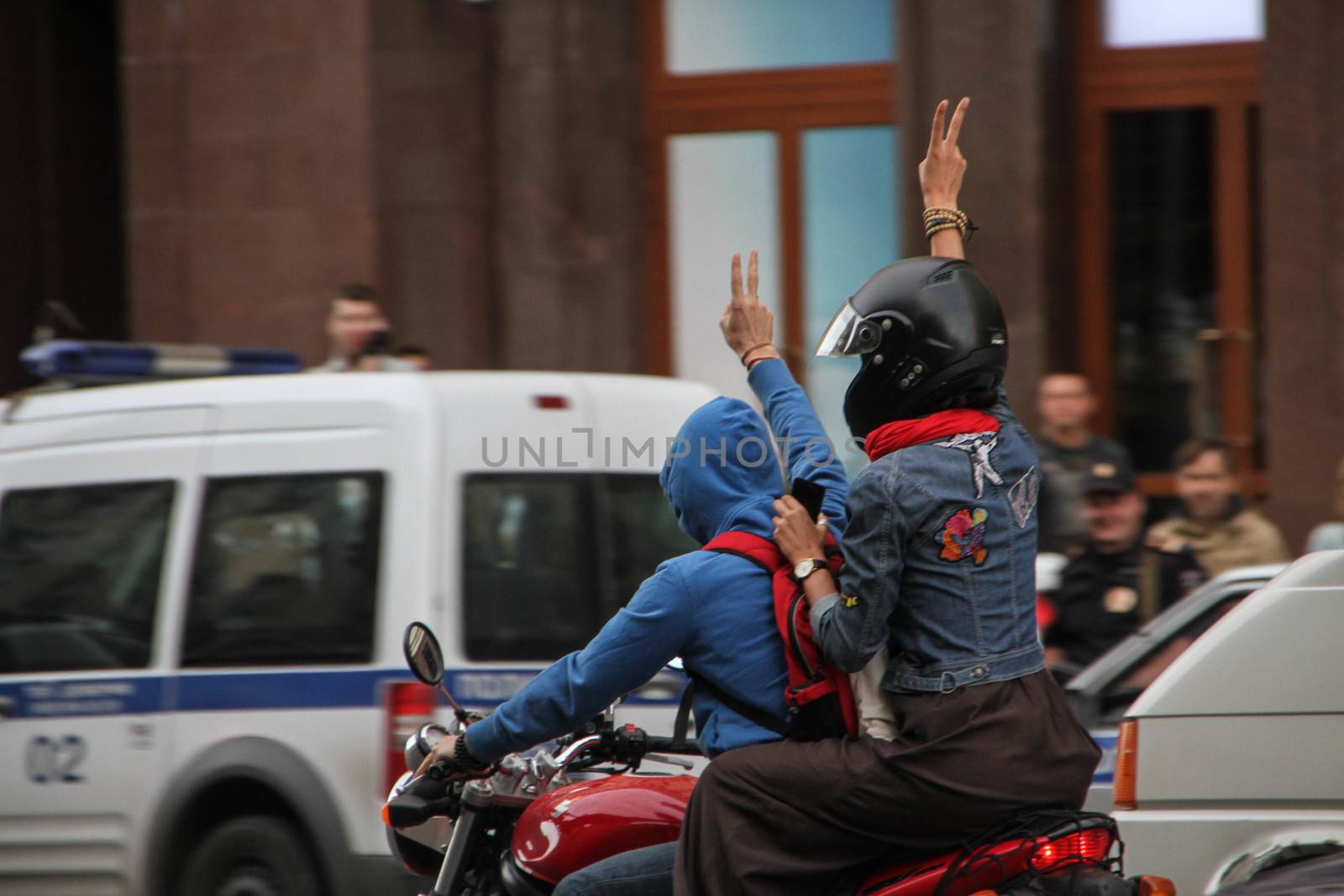 Moscow, Russia - July 18, 2013. Motorcyclists made in support of an opposition politician Alexei Navalny. Thousands of Muscovites went on this day in support of arrested opposition leader Alexei Navalny