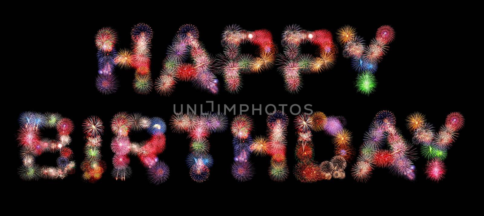 Happy birthday text colorful fireworks isolated on black background