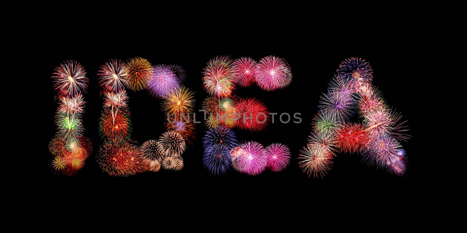 Idea word colorful fireworks text isolated on black background