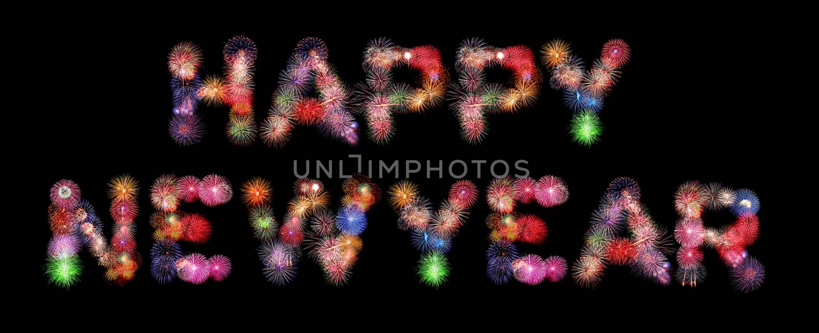 Happy new year text colorful fireworks isolated on black background
