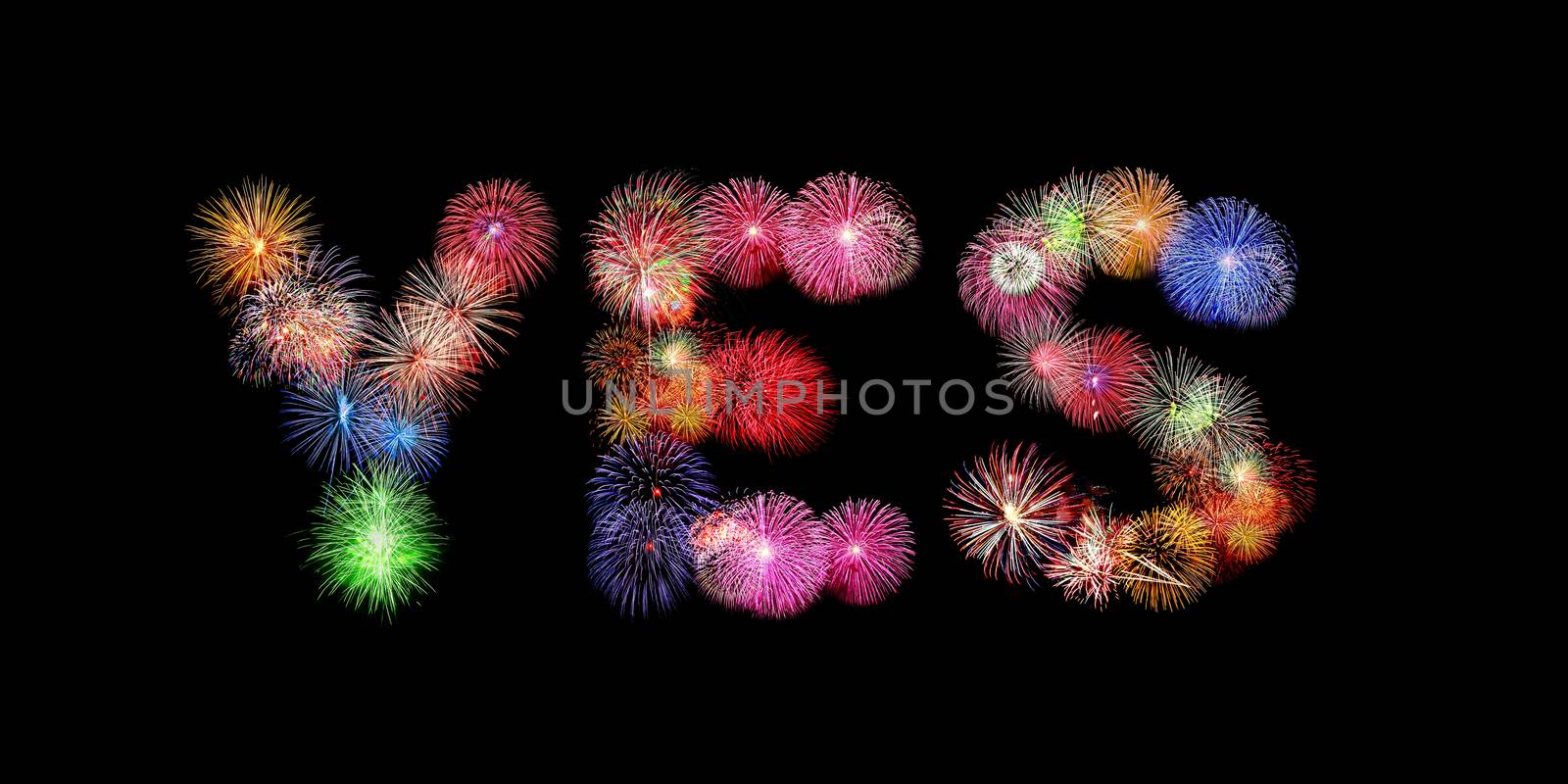 Yes word colorful fireworks text isolated on black background