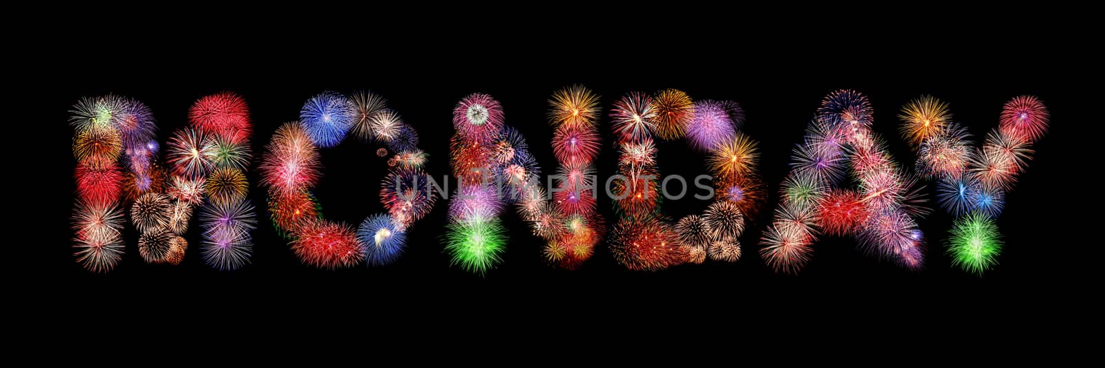 Monday word colorful fireworks text isolated on black background