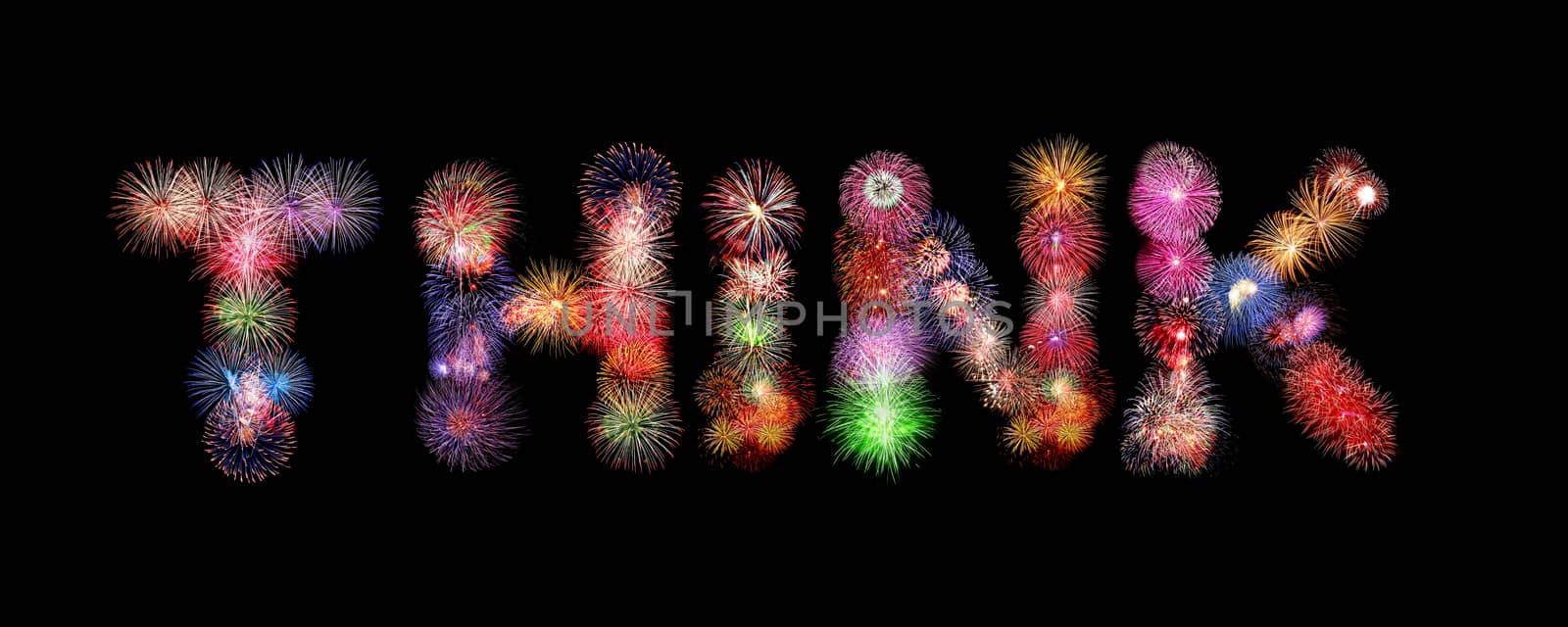 Think word colorful fireworks text isolated on black background
