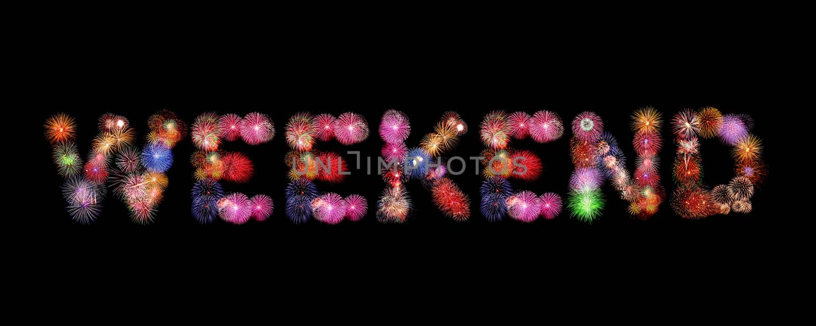 Weekend word colorful fireworks text isolated on black background