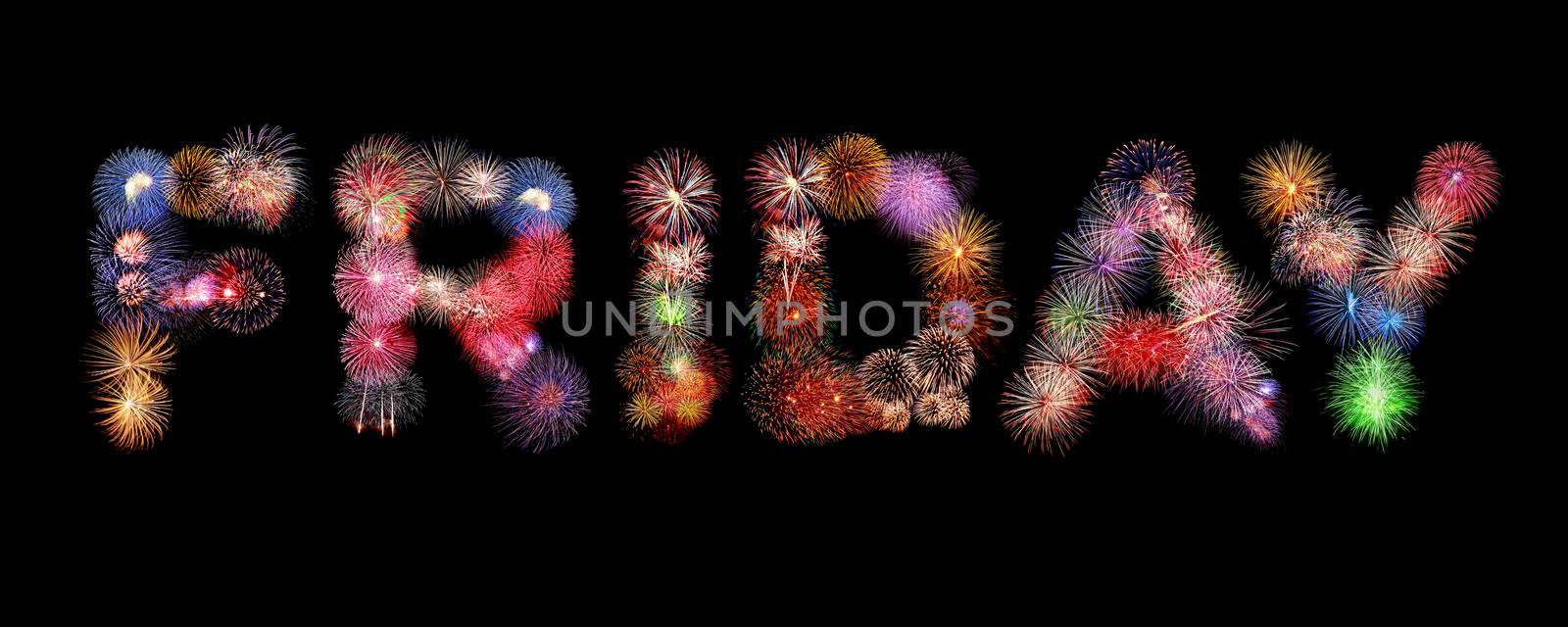 Friday word colorful fireworks text isolated on black background