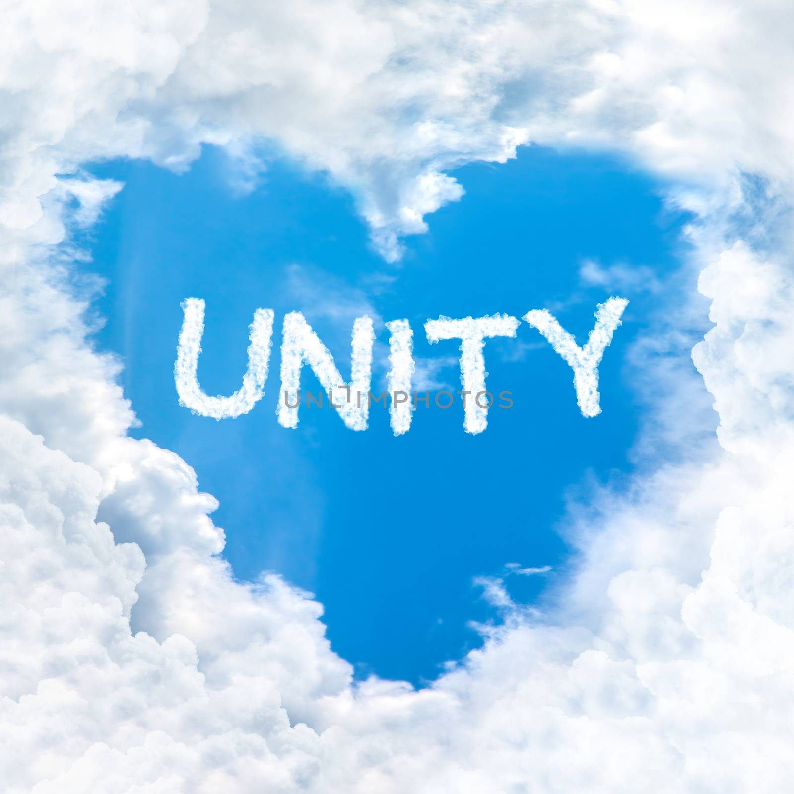 unity word inside heart cloud  blue sky background only