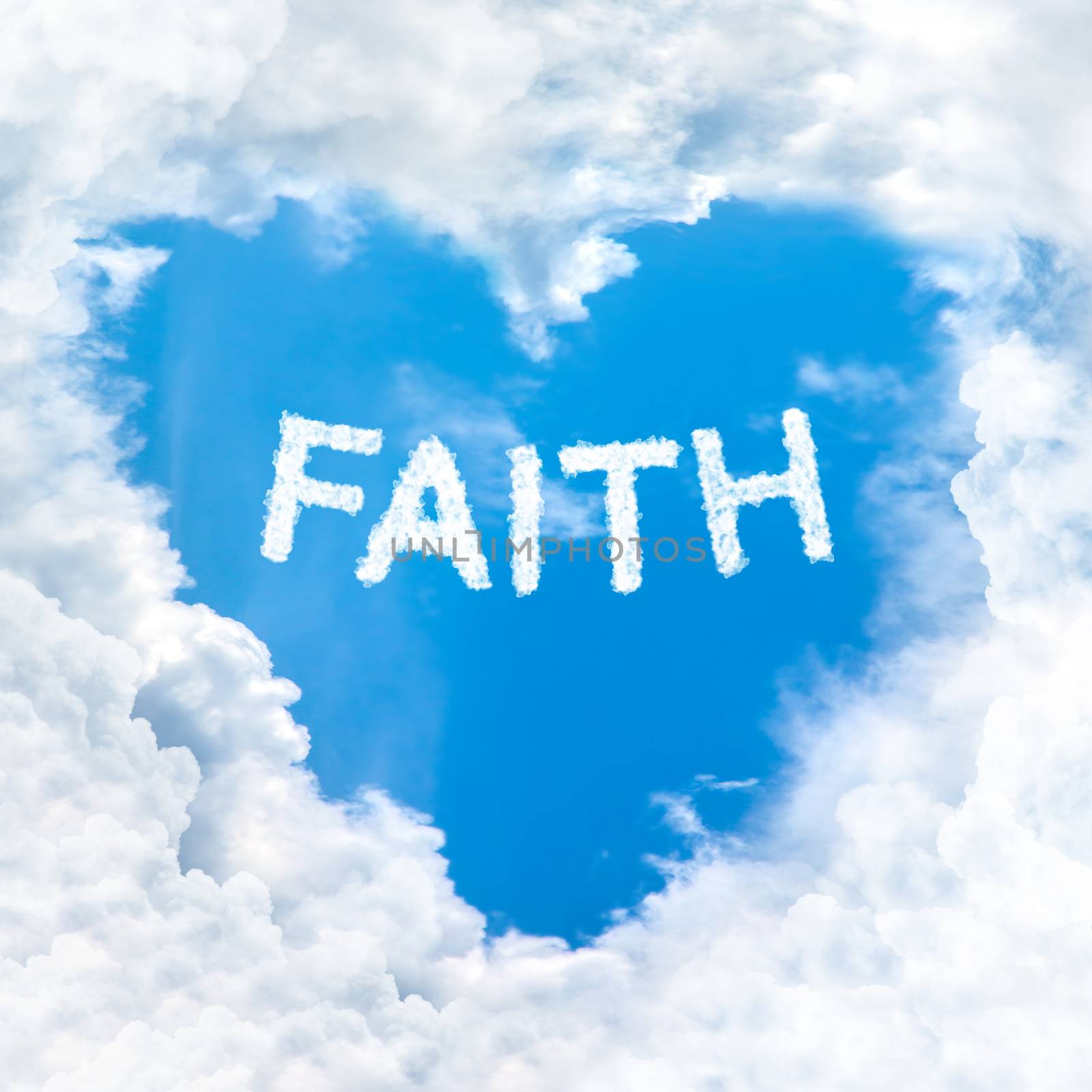 faith word inside love cloud heart shape blue sky background only