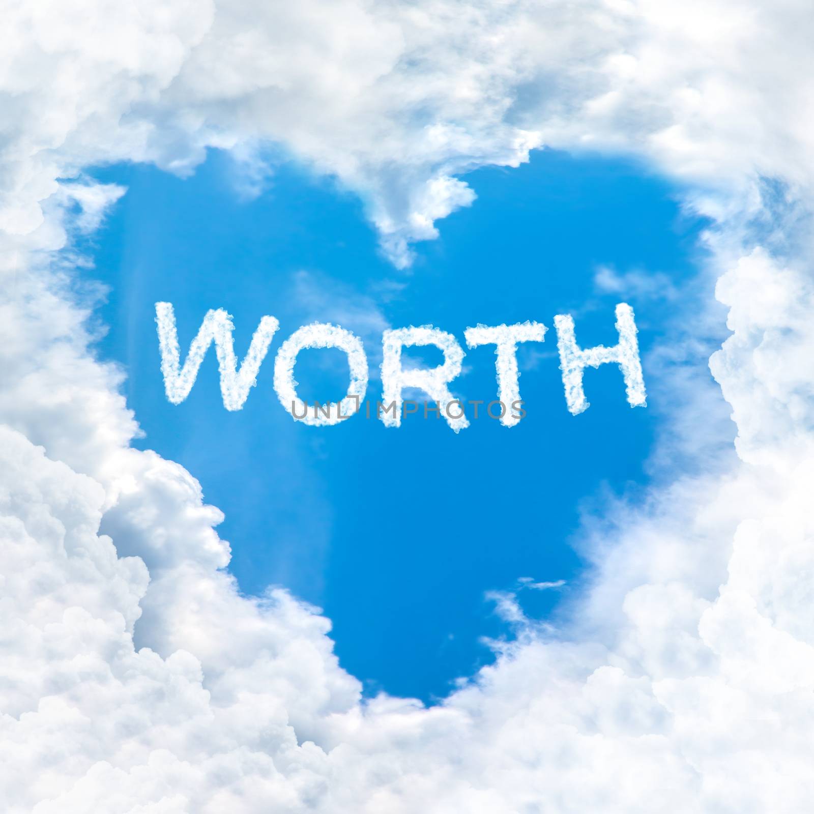 worth word inside love cloud heart shape blue sky background only