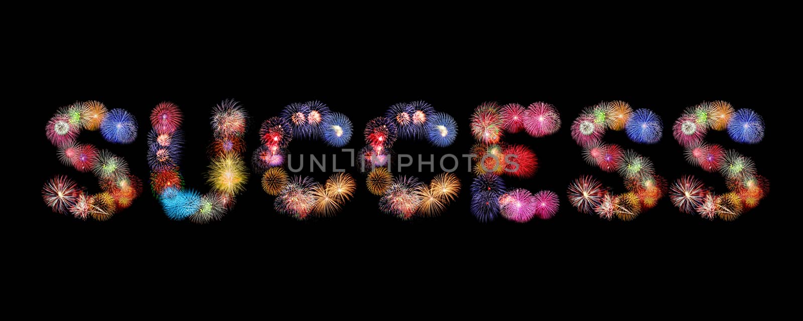 Success word colorful fireworks text isolated on black background