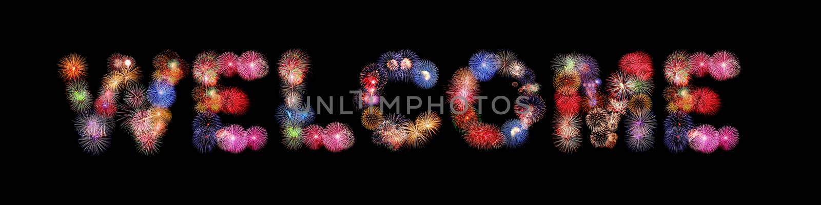 Welcome word colorful fireworks text isolated on black background