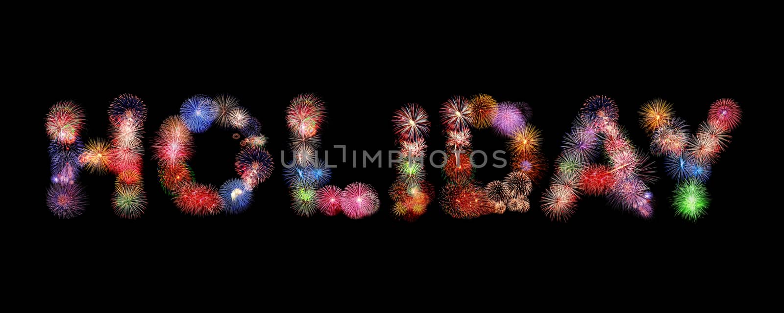 Holiday word colorful fireworks text isolated on black background